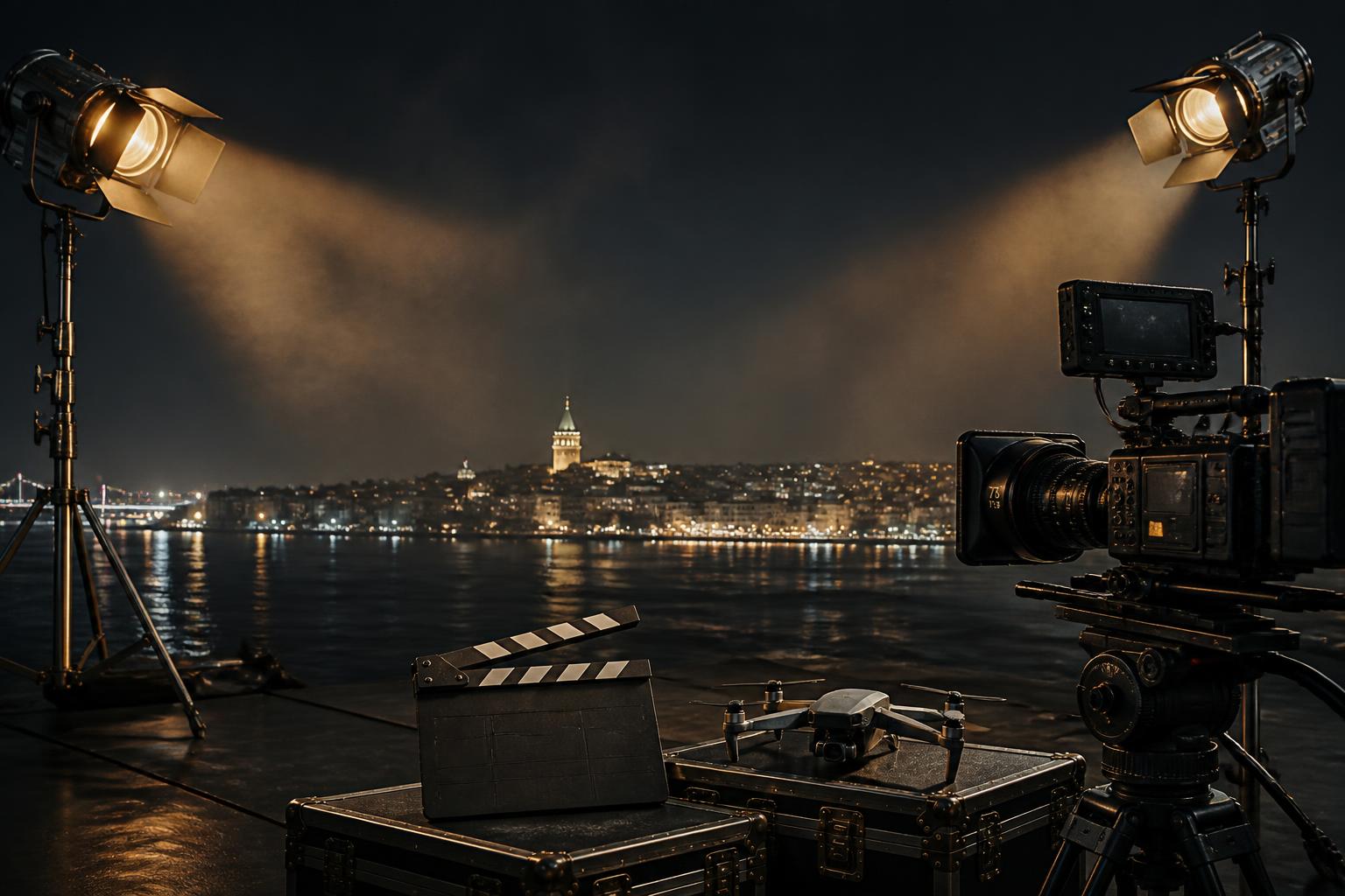 İstanbul manzarasında profesyonel kamera, klaket, drone ve set ışıkları